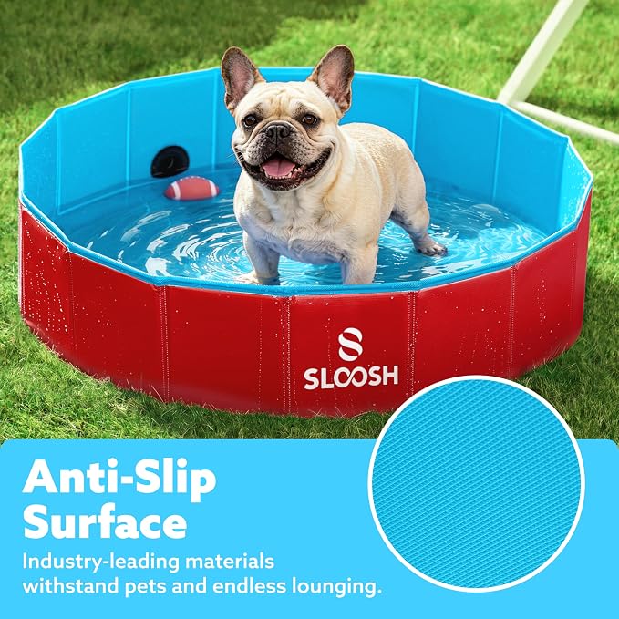 Sloosh Foldable Dog Kiddie Pool - Portable Hard Plastic Doggie Swimming Pool, Anti-Slip Collapsible Pets Bath Tub Suitable for Kids Toddler Indoor Outdoor Backyard Use (Red, 32" x 8")