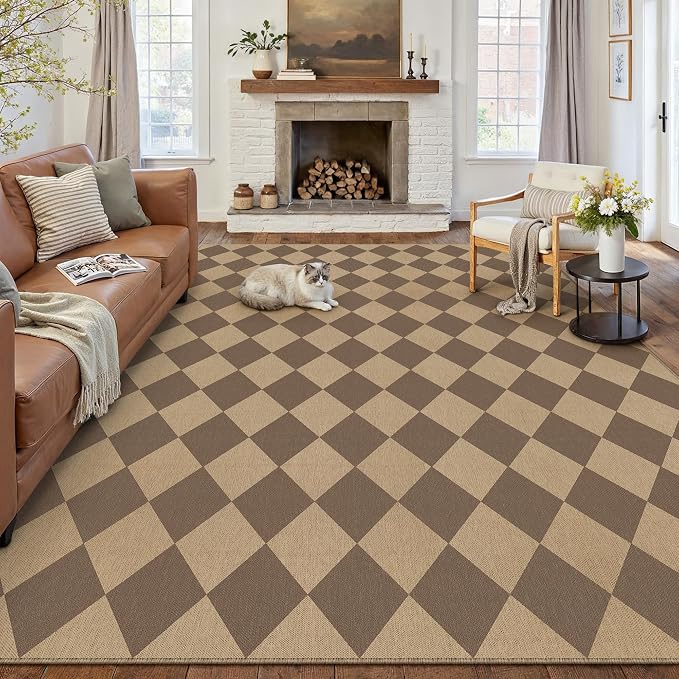 PureCozy 9x12 Checkered Easy Jute Area Rug for Living Room Large Checkerboard Washable Indoor Outdoor Carpet Farmhouse Patio Office Mat Geometric Non Slip Brown Carpet for Backyard Dining Room
