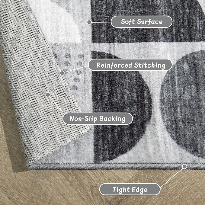 Washable Rugs 9x12,Large Area Rugs Non Slip Modern Abstract Boho | Large Throw Carpet for Living Room Bedroom Dining Room Soft Low Pile Floor Indoor Bohemian Black and Grey