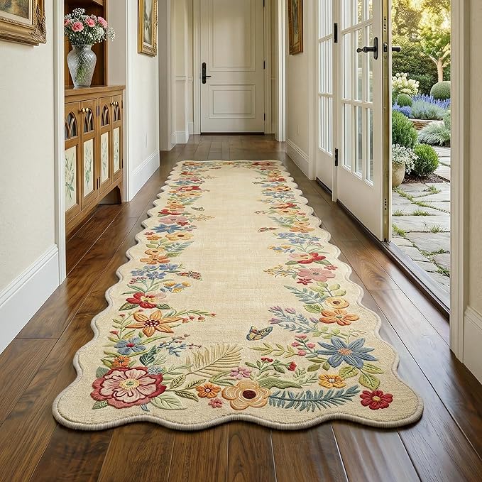 FMFUNCTEX 2x8 Hallway Runner Rug Washable Beige Floral Vintage Scalloped | Flower Colorful Traditional Boho Non Slip Low Pile Pattern Indoor Carpet Entryway Rugs Kitchen Bedroom Laundry Entry Bedside