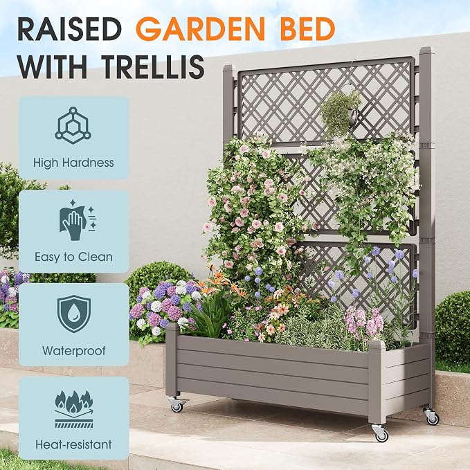 Elevated Raised Garden Bed with Wheels,Planter Box,Gray-61.2" h | Resin Planter Box with Drainage Holes, Water Monitor, Wheels for Garden Patio Backyard