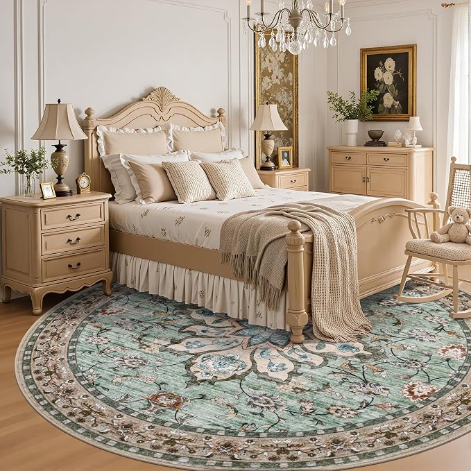 Round Area Rug for Living Room: 6ft Boho Washable Rug Brown Green | Vintage Boho Soft Round Rug Indoor Floor No Slip Carpet Stain Resistant Rugs for Bedroom Dining Room Nursery Home Office