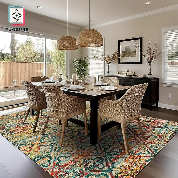 Washable Area Rugs, 9' x 12' - 1/6 Thick - Stain & Water Resistant Non-Slip - Perfect Resistant Rug for Living Room, Bedroom, Nursery, Pet & Child Friendly, Vibrant Colors Rugs, Multicolor