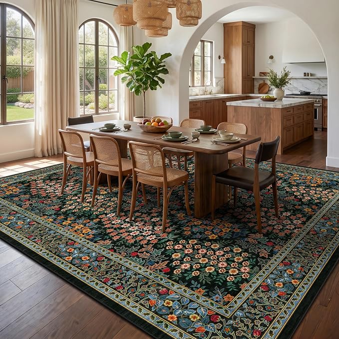 8x10 Area Rugs, Machine Washable Low Pile Floral Rugs for Living Room, Bedroom, Large Boho Area Rug with Non-Slip Backing for Dining Room(Black Floral)