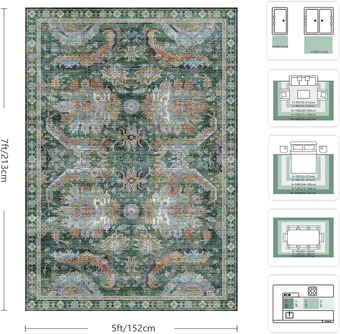 5x7 Area Rugs, Vintage Retro Soft Washable Rug, Non-Slip Low Pile Rugs for Living Room, Bedroom, Dining Room, Stain Resistant Home Decor Rug (Green)