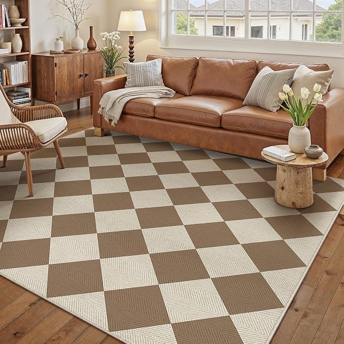 PureCozy 5x8 Checkered Chevron Pattern Area Rug for Living Room Checkerboard Washable Indoor Outdoor Carpet Farmhouse Patio Office Mat Geometric Non Slip Brown Carpet for Backyard Dining Room