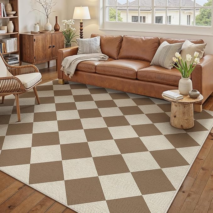PureCozy 8x10 Checkered Chevron Pattern Area Rug for Living Room Large Checkerboard Washable Indoor Outdoor Carpet Farmhouse Patio Office Mat Geometric Non Slip Brown Carpet for Backyard Dining Room