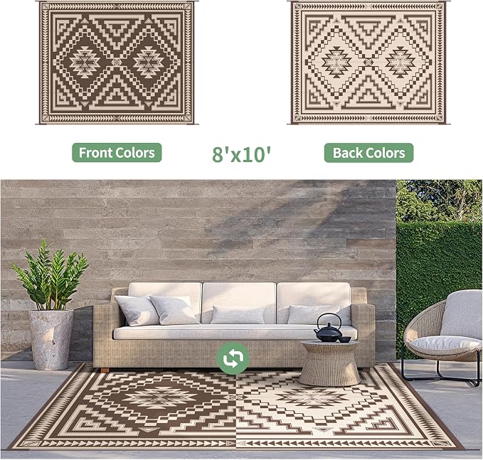 GENIMO Outdoor Rug for Patio Clearance - 8x10 ft Waterproof Plastic Camping Rugs, Reversible Outside Rv Mat Carpet for Porch, Deck, Picnic, Balcony, Beach, Backyard, Coffee Beige