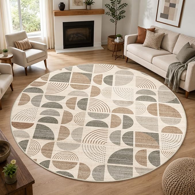 Round Rugs 9ft,Circle Area Rug Washable Non Slip Modern Abstract | Circular Rugs for Living Room Dining Room Large Boho Throw Carpet Soft Low Pile Floor Indoor Bohemian Neutral Beige