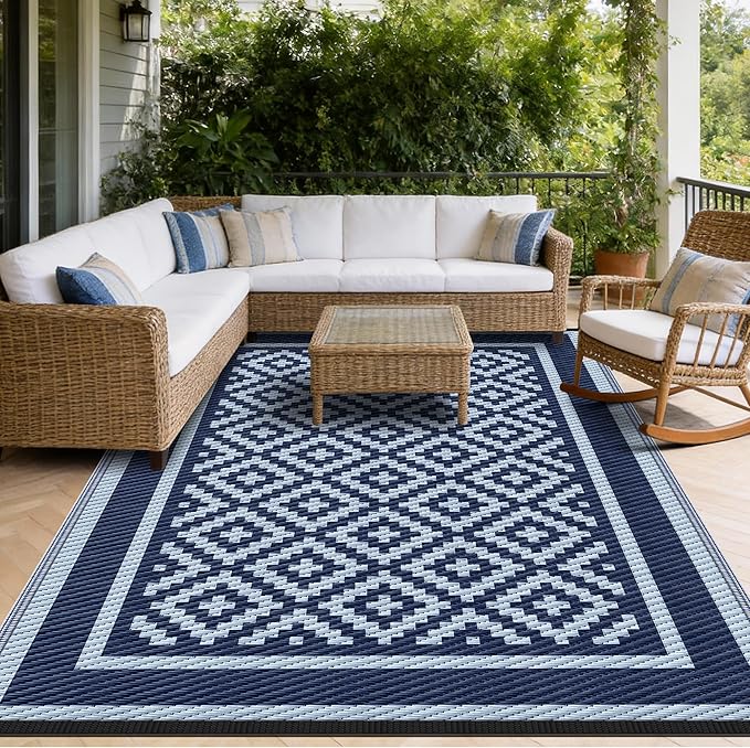 Kohree Outdoor Rug Waterproof 6x9 ft, RV Outdoor Plastic Straw Rug for Patios Clearance,Reversible Area Rug for Camping,Balcony,Deck,Blue