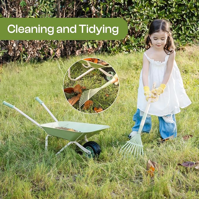 ROBUD Kids Wheelbarrow Set, Green Metal Toddler Wheelbarrow with Shovel, Hoe, Broom & Gloves, Kid Gardening Set for Kid to be Closer to Nature, WRP43