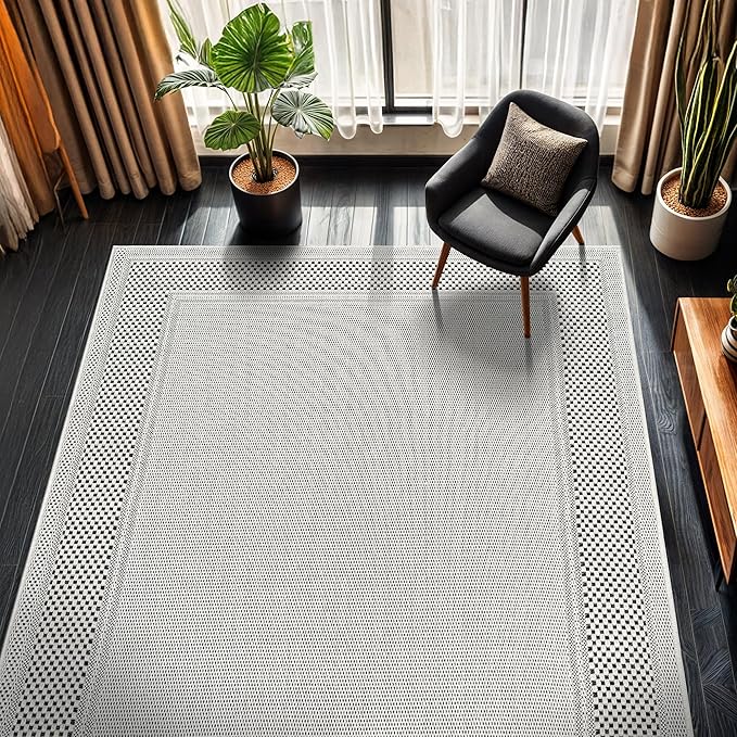 CAMILSON Easy Jute Rug 9x12, Indoor Outdoor Off-White Color Fiber Area Rugs for Living Room Patio and Dining Room Rug, Bordered Boho Woven Design, Easy-Cleaning, Washable Outside Carpet (9 x 12)