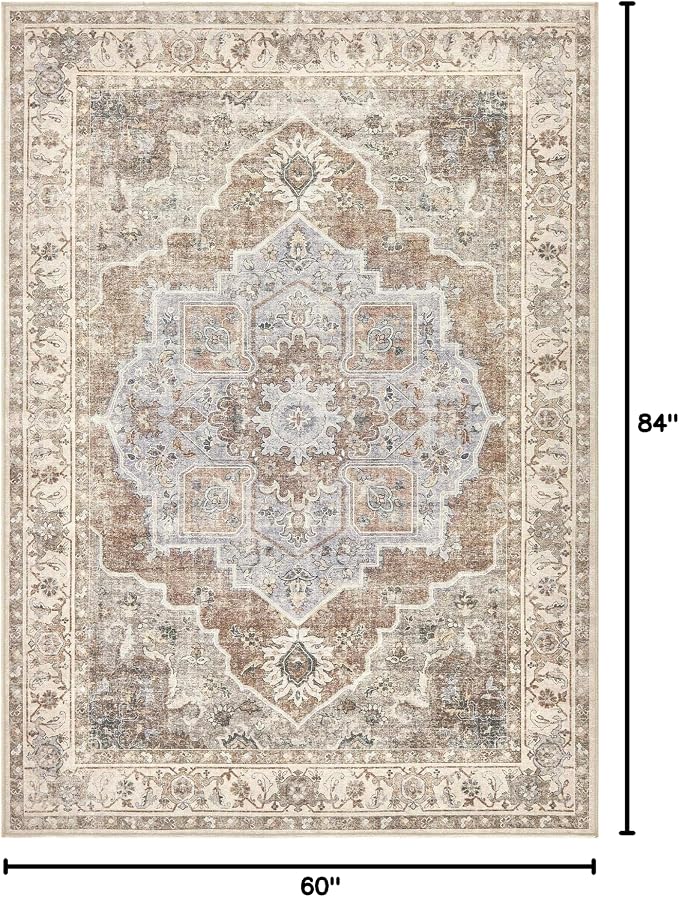 5x7 Washable Area Rug: Vintage Neutral Soft Non Slip Thin Large Floor Carpet for Living Room Bedroom Kitchen Dining Room Home Office Farmhouse Indoor - Grey Brown