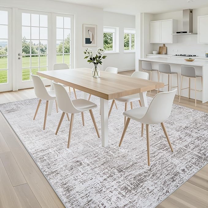Washable 8x10 Abstract Grey White Area Rugs for Living Room | Large Modern Neutral Rugs Soft Non Slip Stain Resistant Low Pile Carpet Dining Room Bedroom Indoor Nursery Home Office