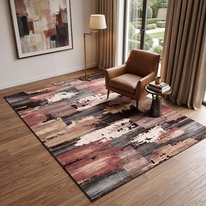 5x7 Rust and Beige Distressed Patchwork Area Rug for Living Room | Soft Low-Pile Machine-Washable Rug with Non-Slip Backing for Bedrooms, Dining Rooms and Home Offices, Designed for Easy Care