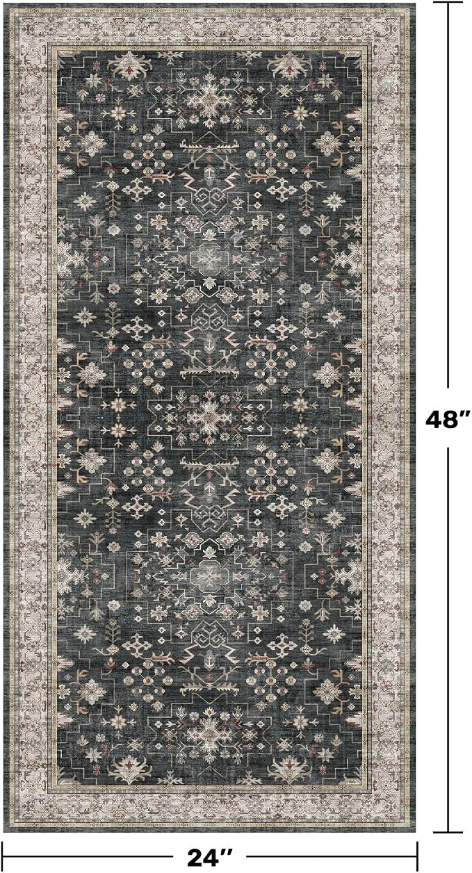 2x4 Entryway Runner Rugs, Small Runners for Kitchen, Door Mat Indoor Entrance, Bathroom, Non-Slip Low-Pile Washable Stain Resistant, Vintage Ashen Charcoal Floral Decor (Ashen/Multi)