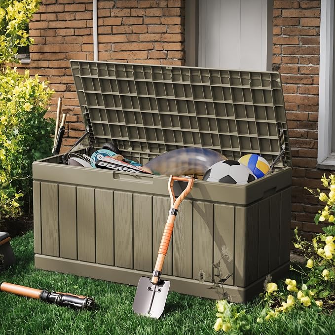 Greesum 82 Gallon Resin Deck Box All Weather Large Outdoor Storage for Patio Furniture, Toys, Garden Tools, Lockable, Light Coffee