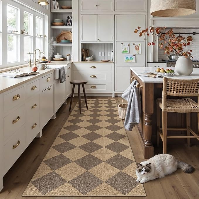 PureCozy 2x8 Checkered Easy Jute Runner Rug Non Slip Hallway Kitchen Washable Outdoor Rug for Entryway Indoor Checkerboard Brown Long Indoor Outdoor Carpet for Bedside Entry Front Door Porch