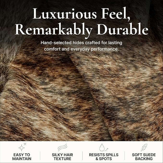 Brindle Cow Hide Rug 5x7 ft, Genuine Hair on Hide | Real cowhide rug, brown and black brindle stripes, no two alike. Cow skin statement piece, modern to southwestern decor