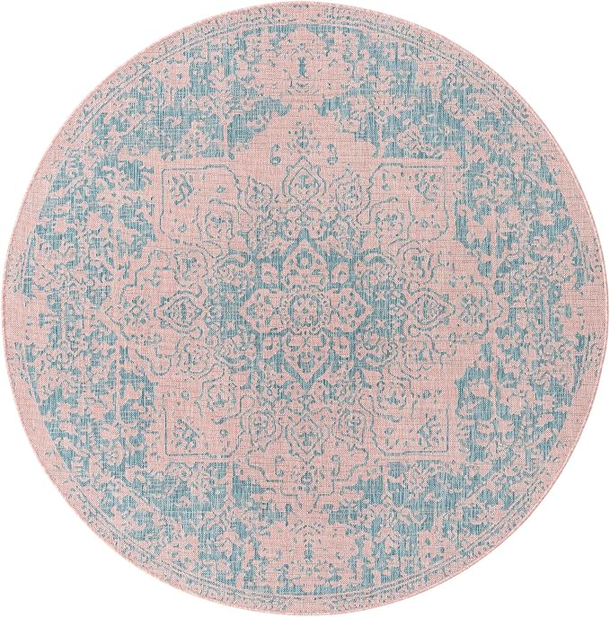 Unique Loom Jill Zarin Jill Zarin Outdoor Collection Area Rug - Dubai (6' 7" Round, Pink and Aqua/Light Blue)