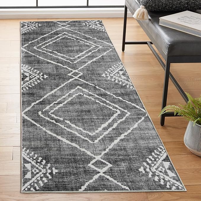 Machine Washable Area Rug Runner - Living Room Bedroom Bathroom Kitchen Entryway Office - Padded Low Pile Stain Resistant Premium - Moroccan Diamond Tribal - Jax - Gray 2'6" x 10'