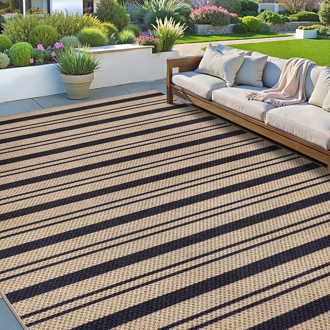 Tangsoo Easy Jute 6x9 Outdoor Rug for Living Room,Washable Non-Slip Rugs | Modern Striped Thin Indoor Mat Farmhouse Large Carpet for Backyard Dining Room Patio Sunroom Home Decor