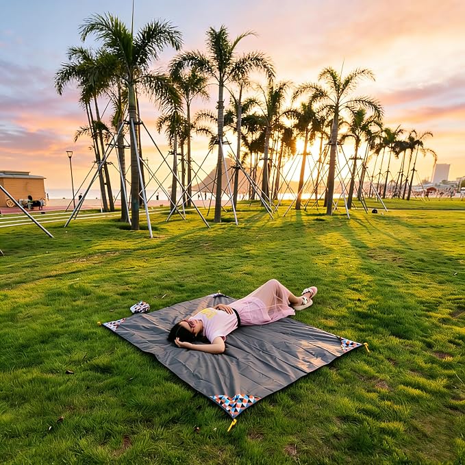 Pocket Blanket 71"x55", Lightweight Compact Sandproof Waterproof Outdoor Blanket for Beach, Hiking, Camping, Travel, Festivals, Picnic with Pockets, Loops, Stakes, Carabiner