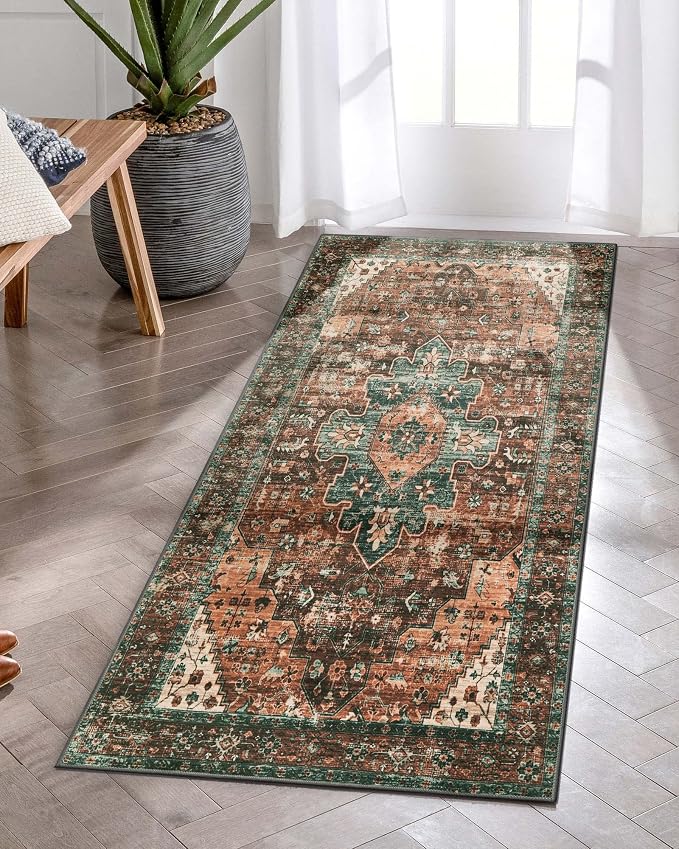 Moynesa Ultra-Thin Washable Runner Rug - 2x4 Laundry Room Rug Runners for Kitchen Non-Slip, Vintage Stain Resistance Non Shedding Bedroom Carpet Runner for Bathroom Hallway, Brick Red