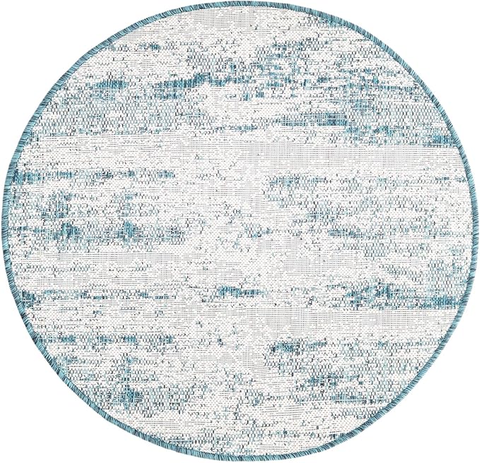 Unique Loom Outdoor Modern Collection Area Rug - Cartago (3' Round, Teal/ Ivory)