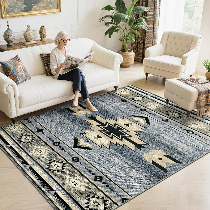 BENRON Western Rugs for Living Room Bedroom 5x7, Non Slip Washable, Grey | Southwest aztec Area Rugs for Dining Table Kitchen Home Decor, Geometric