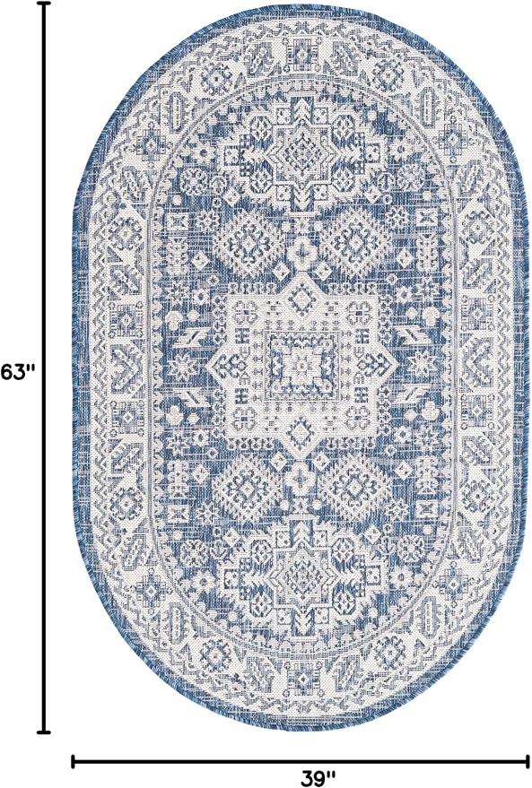 Unique Loom Outdoor Aztec Collection Area Rug - Chalca (3' 3" x 5' 3" Oval, Blue/ Ivory)