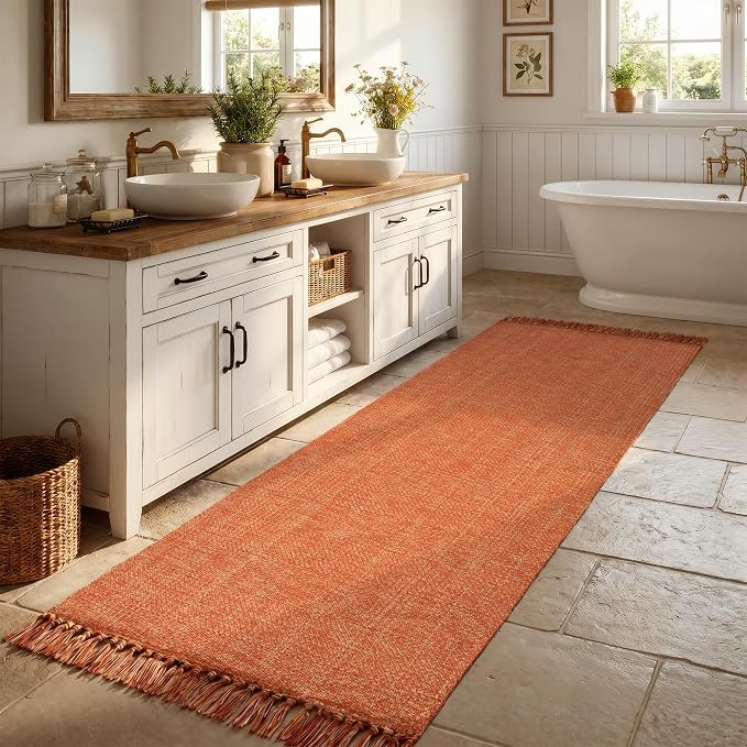 2.6' x 8' Fall Kitchen Runner Rug, Boho Farmhouse Rugs for Hallway | Modern Washable Bathroom Mat Terracotta Woven Entry Hall Rugs, Braided Bedside Carpet for Front Door Porch Patio Fall Decor
