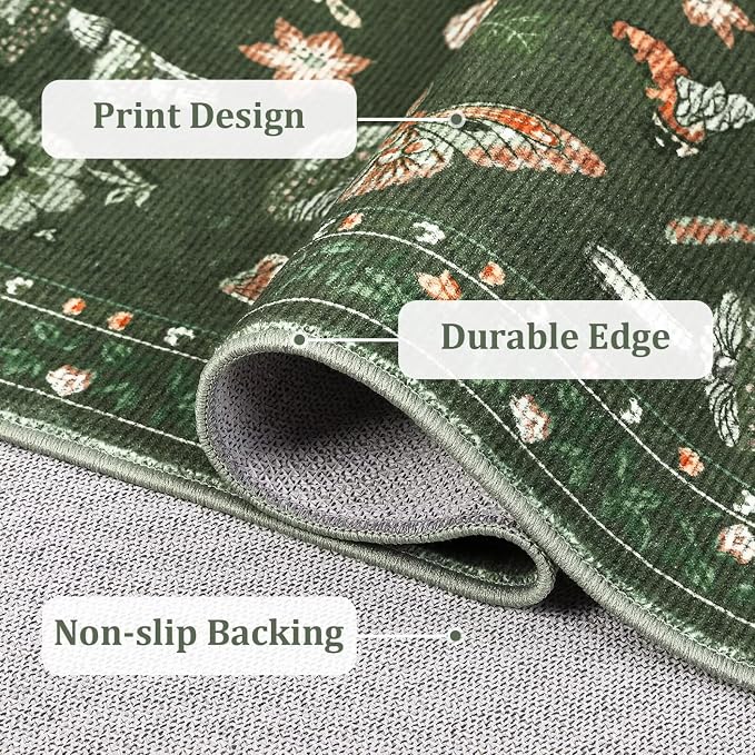 ROYHOME Mushroom Washable Rugs 5x7 for Living Room Low-Pile Whimsical Cottage Core Insect Bug Butterfly Funky Dark Gothic Decor for Bedroom Nursery Dining Room Olive Green
