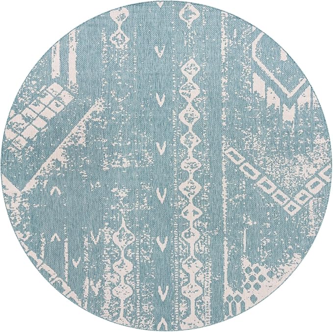 Unique Loom Outdoor Bohemian Collection Area Rug - Anthro (10' 8" Round, Light Aqua/ Ivory)