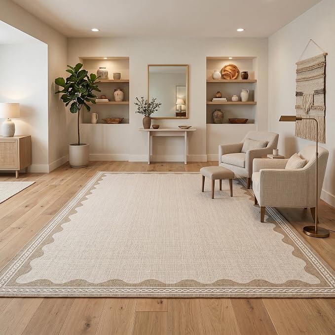 Garvee Modern Bordered Rugs for Living Room 8x10 Large Washable Rug Beige | Non Slip Low Pile Soft Carpet Foldable Non Shedding Stain Resistant Floor Cover for Bedroom Playroom Nursery Office Dorm