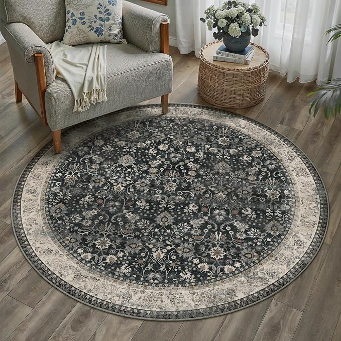 HUGEAR Round Rug 5ft Entryway Rugs Machine Washable Black Beige Hallway Area Rug 5x5 Small Circle Accent Rug Floral Low Pile Carpet Soft Throw Rug Living Room Office Laundry Room Entrance Non Slip