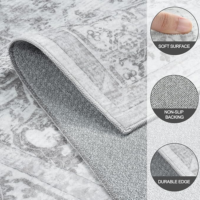9x12 Washable Area Rugs for Living Room Grey Non-Slip Rug | Vintage Medallion Rug，Soft Low Pile Large Rugs，Indoor Retro Carpet for Bedroom Nursery Dining Table Farmhouse Home Office