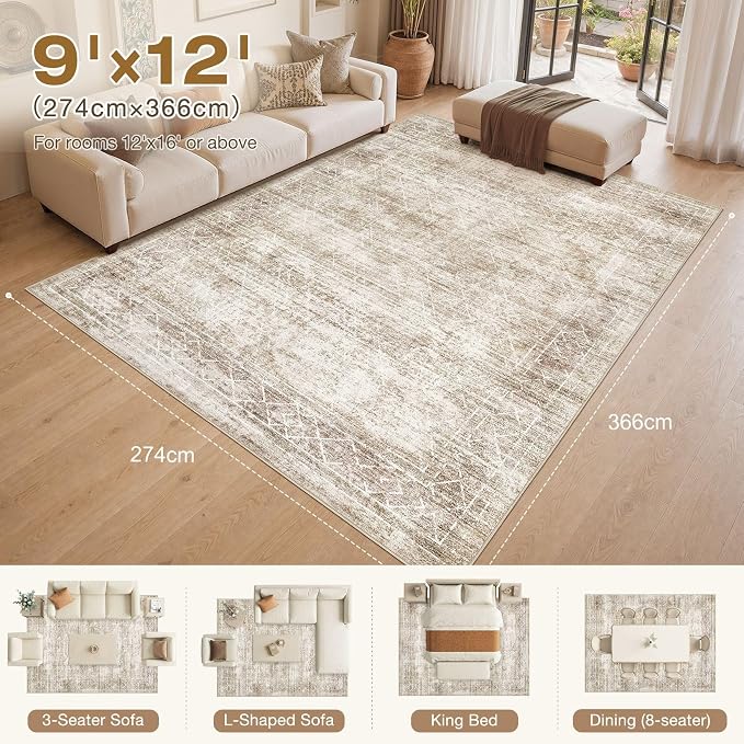cotiled Boho 9x12 Area Rug for Living Room: Large Moroccan Washable Rug | Solve Modern Neutral Trendy Home Decor - Stain Resistan Carpet for Bedroom Farmhouse Dining Room Beige Brown