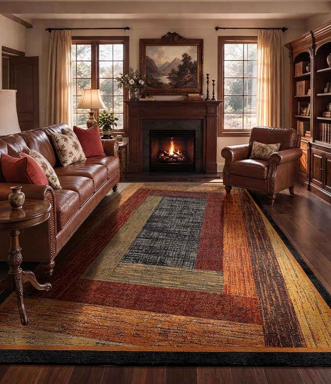 Brown Geometric Woody Area Rug 8x10 for Living Room,Retro Farmhouse Rugs Washable,Vintage Rug Non Slip, Boho Area Rug for Kitchen,Dining Room,Bedroom