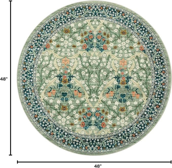 GarveeHome Sage Green Floral 4 ft Round Rug Washable Non-Slip Soft Low Pile Small Circle Carpet Vintage Rugs for Kitchen Bedroom Nursery Dining Living Room