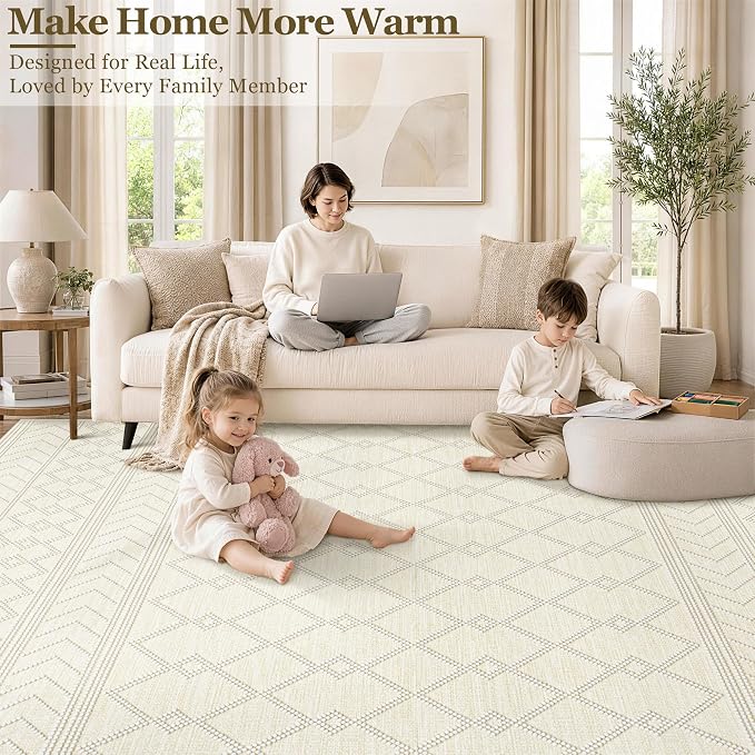 5x7 Area Rug For Living Room, Washable Beige Rugs Non Slip Low Pile | Neutral Large Soft Rug，Modern Geometric Carpet For Bedroom Dining Room Home Office Decor rug