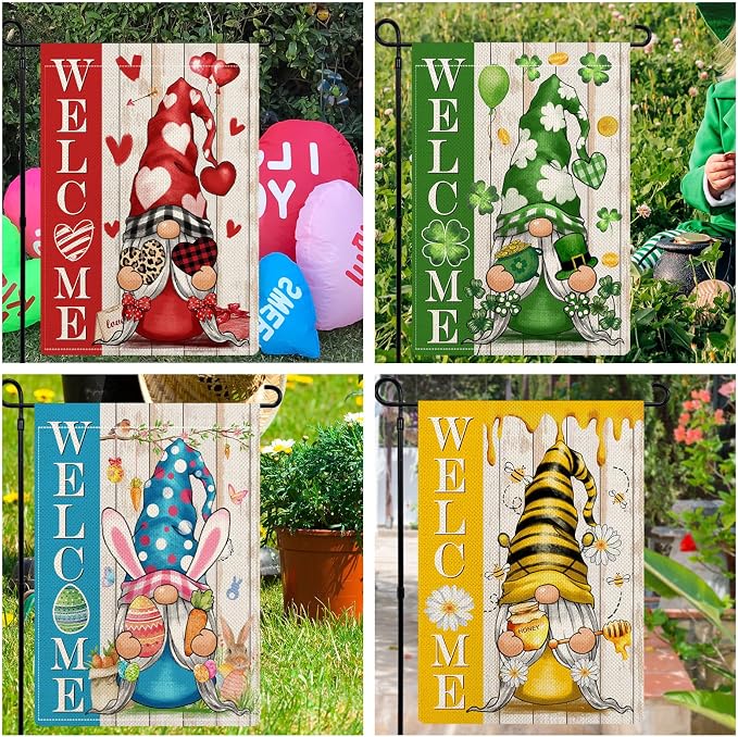 Gnome Garden Flags for Outside Set of 12, Welcome Seasonal Garden Flags 12x18 Double Sided, Gnomes Holiday Lawn Flags, Gnome Winter Spring Outdoor Garden Flag for Yard Farmhouse Decor