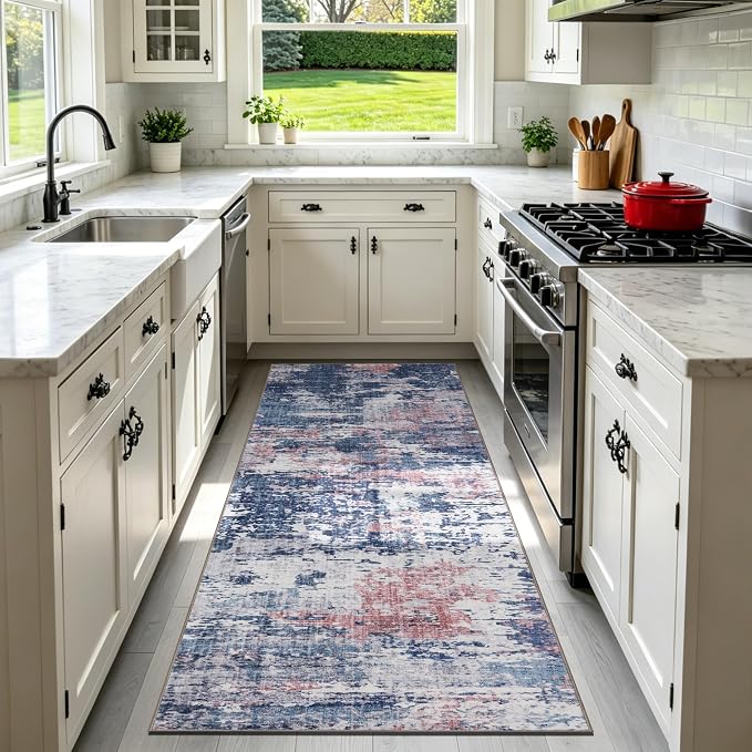 Sasttie 2x6 Runner Rug, Modern Abstract Hallway Carpet, Pink & Blue | Machine Washable, Ultra-Soft Faux Wool, Low Pile, Non-Slip, Thin, for Entrance, Entryway, Kitchen & Laundry Room