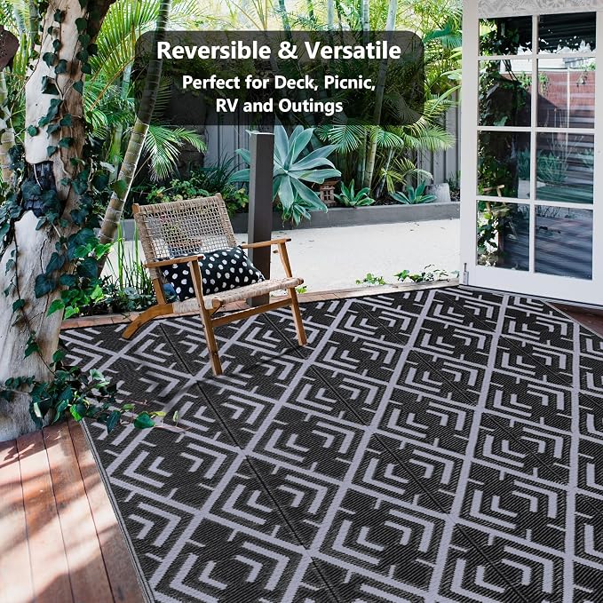 HUGEAR Outdoor Plastic Straw Rug, Waterproof Outdoor Rugs for Patios Clearance, Reversible Area Rug, Large Outside Carpet for Camping, Balcony, RV, Deck, Picnic, Beach (5x8ft Boho/Black&Grey)