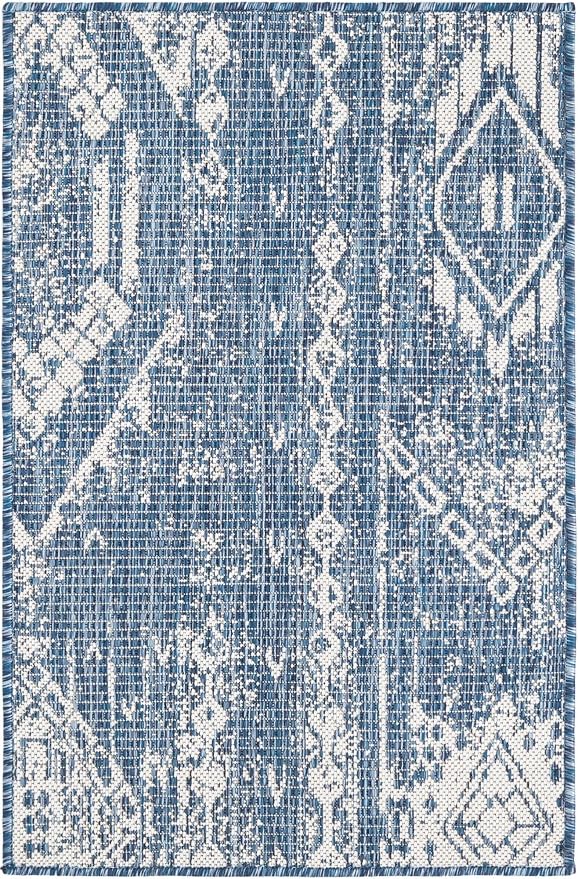 Unique Loom Outdoor Bohemian Collection Area Rug - Anthro (2' x 3' 1" Rectangle, Blue/ Ivory)