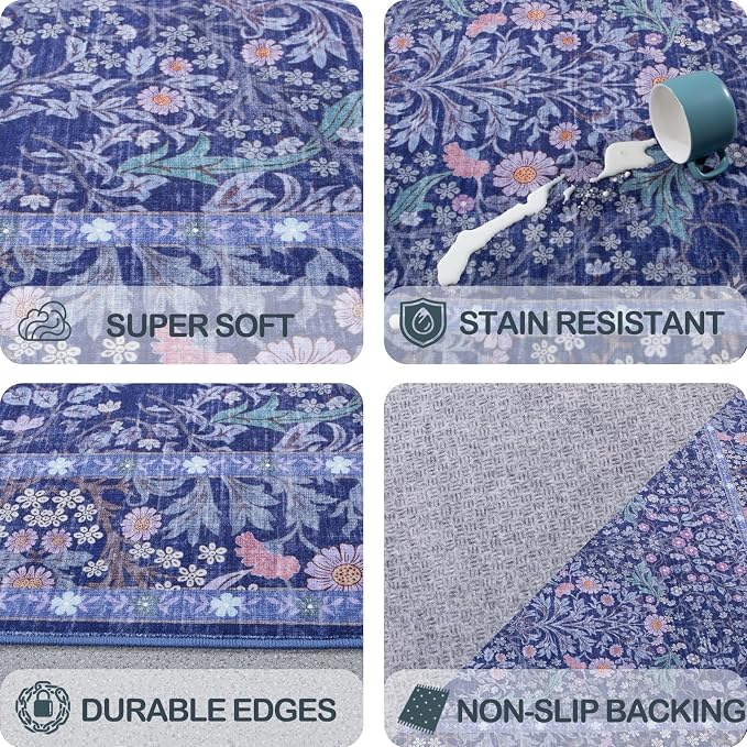 5x7 Washable Area Rugs for Living Room, Stain Resistant Vintage Rugs for Dining Room Under Kitchen Table, Bedroom, Floral Low Pile Non-Slip Large Carpet (5 x 7 Blue)