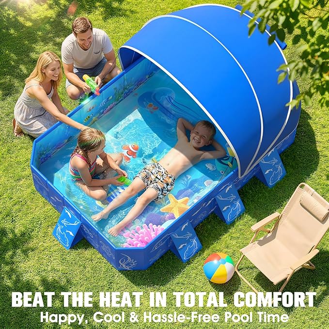 Foldable Kiddie Pool with Canopy Toddler Swimming Pool 53*40*33IN | Foldable Kiddie Pool With Removable Canopy，Delicate Sea-Life Pattern, 0.4mm Thickness Robust Build Pop Up Baby Pool