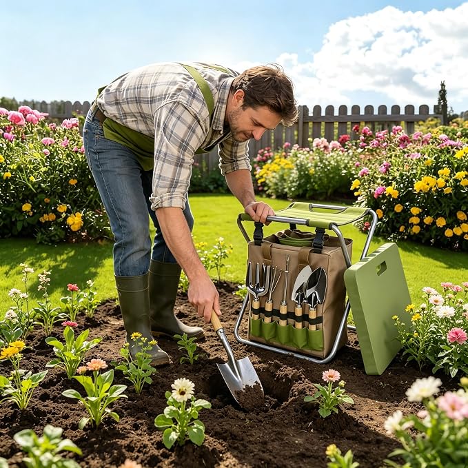 Garden Folding Gardener Stool with Gardening Tools Insulation Garden Bags Plus 5 Garden Tools and Gardening Kneeler Ideal Gift for Mother's Day/Father's Day