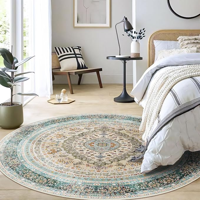 Round Area Rugs 5ft Washable,Blue Rug for Living Room Bedroom | Large Boho Vintage Bohemian Distressed Oriental Carpet Non Slip for Dining Room,Floral