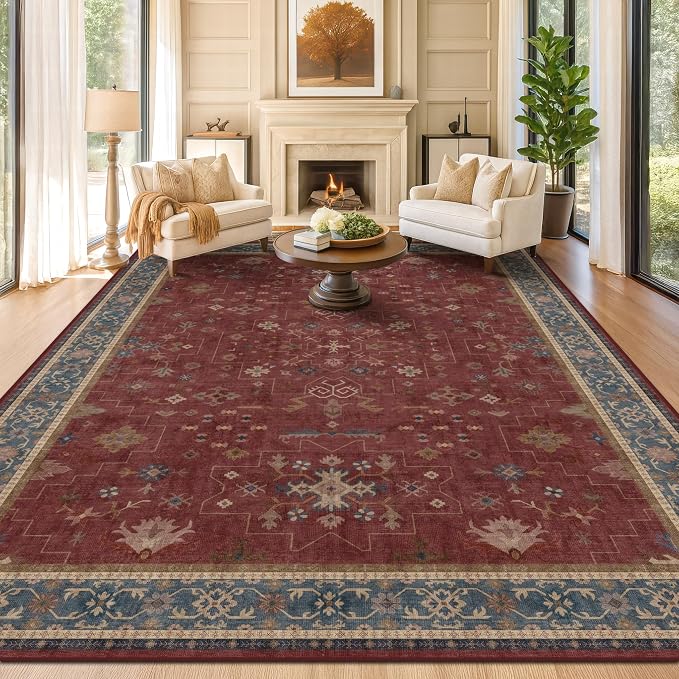 Moroccan Big Rugs for Living Room - Dark Red 10x14 Area Rug for Large Bedroom, Dining Room, Washable Lightweight Low Pile Foldable Oriental Burgendy Home Décor